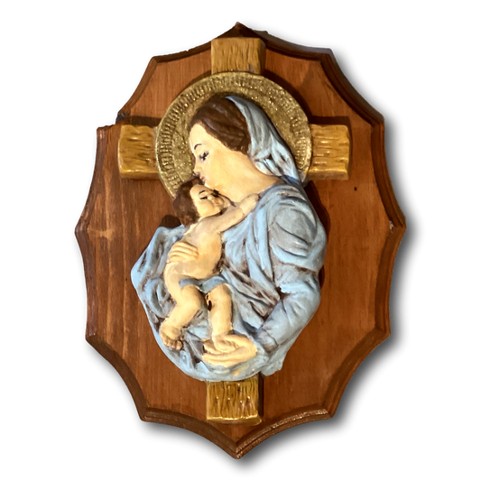 Wood wall plaque featuring Mary and Jesus, 11-inch Catholic devotional Christian gift with religious imagery.