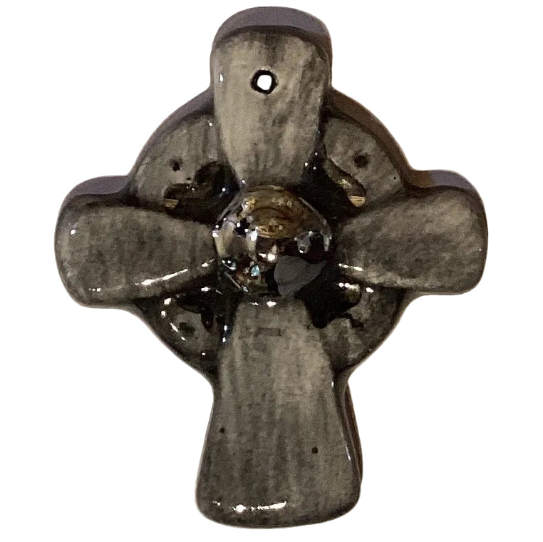Handmade glazed clay mini Christian cross keepsake, 1 inch, Catholic crucifix with detailed cross design from Ysleta Mission Gift Shop.
