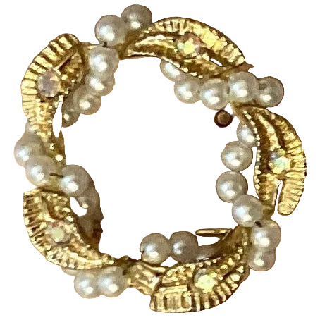Goldtone 1-inch pearl leaves brooch with Catholic Christian jewelry design, featuring intricate leaf details and pearl accents.