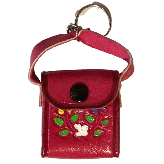 Mini leather crossbody purse keychain in western style, featuring detailed craftsmanship and compact design, by Ysleta Mission Gift Shop.