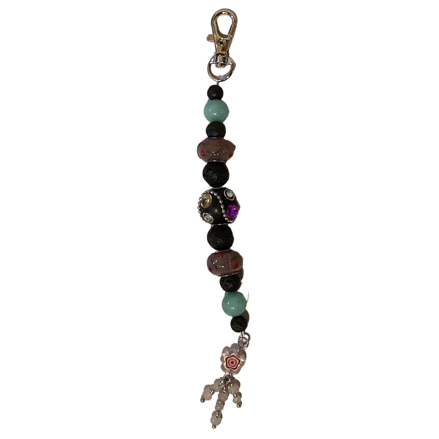 Handmade beaded keychain from Ysleta Mission Gift Shop featuring glass gemstone and lava rock beads, 6 inches long.