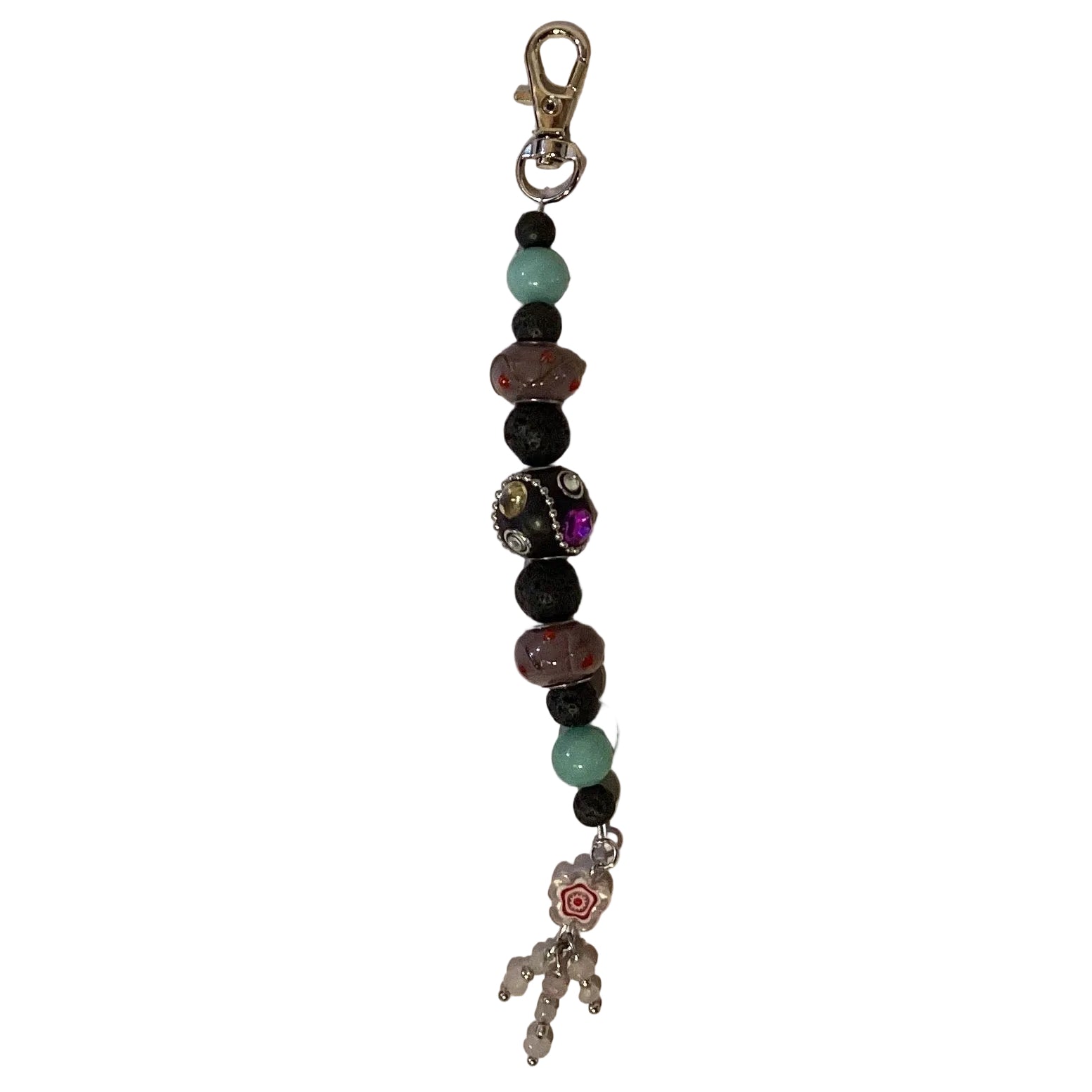 Handmade beaded keychain from Ysleta Mission Gift Shop featuring glass gemstone and lava rock beads, 6 inches long.