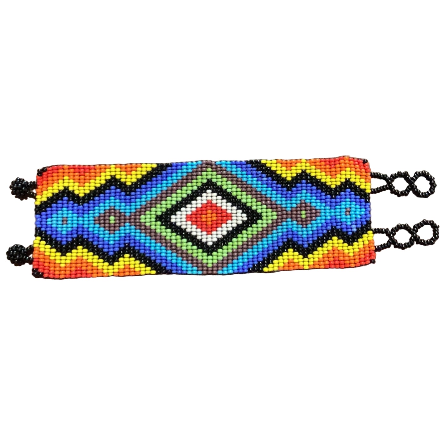 Handmade Mexican beaded wide bracelet by Jose Alberto Chavez featuring colorful woven beadwork and intricate design.
