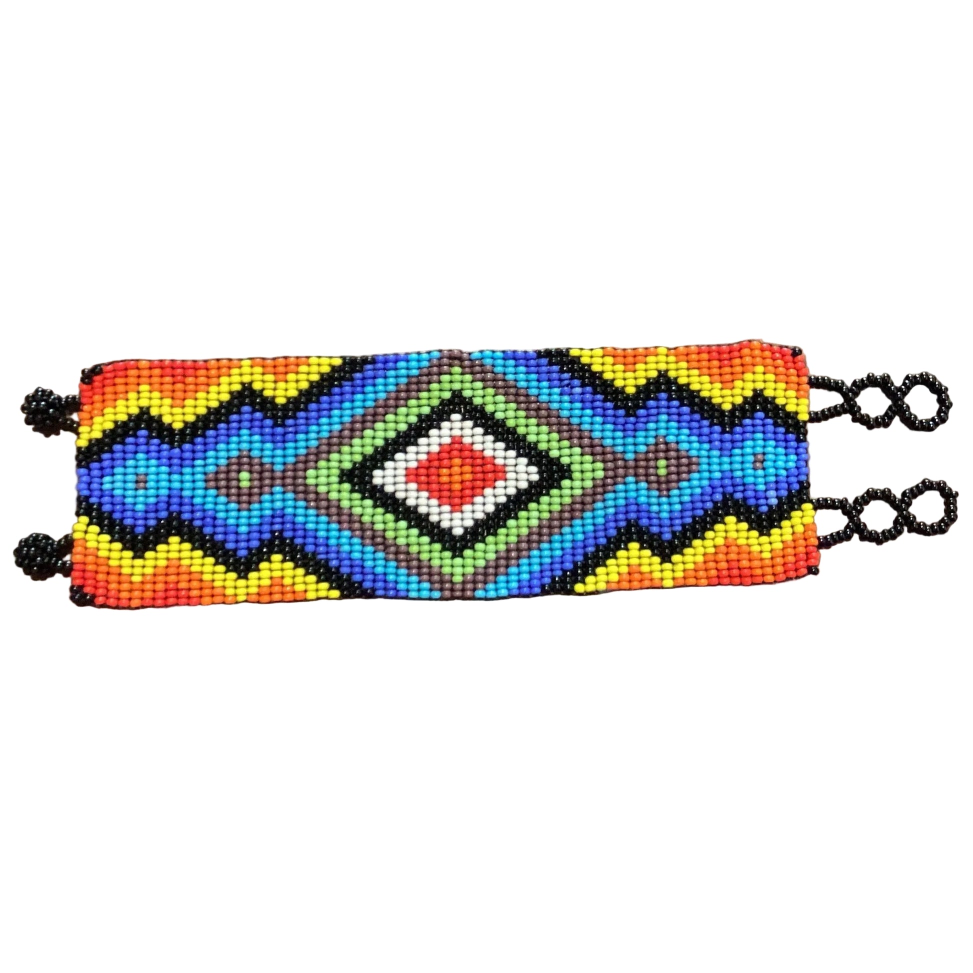 Handmade Mexican beaded wide bracelet by Jose Alberto Chavez featuring colorful woven beadwork and intricate design.