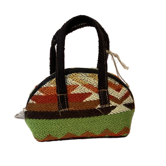 Handwoven Ecuador geometric coin pouch from Ysleta Mission Gift Shop with colorful woven patterns and a compact design.