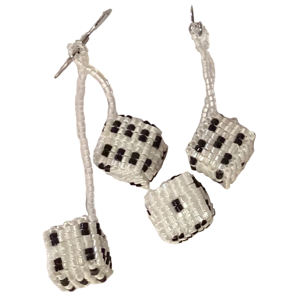 Beaded dangle earrings featuring Bunco dice design, 2-inch length, colorful beads, from Ysleta Mission Gift Shop jewelry collection.