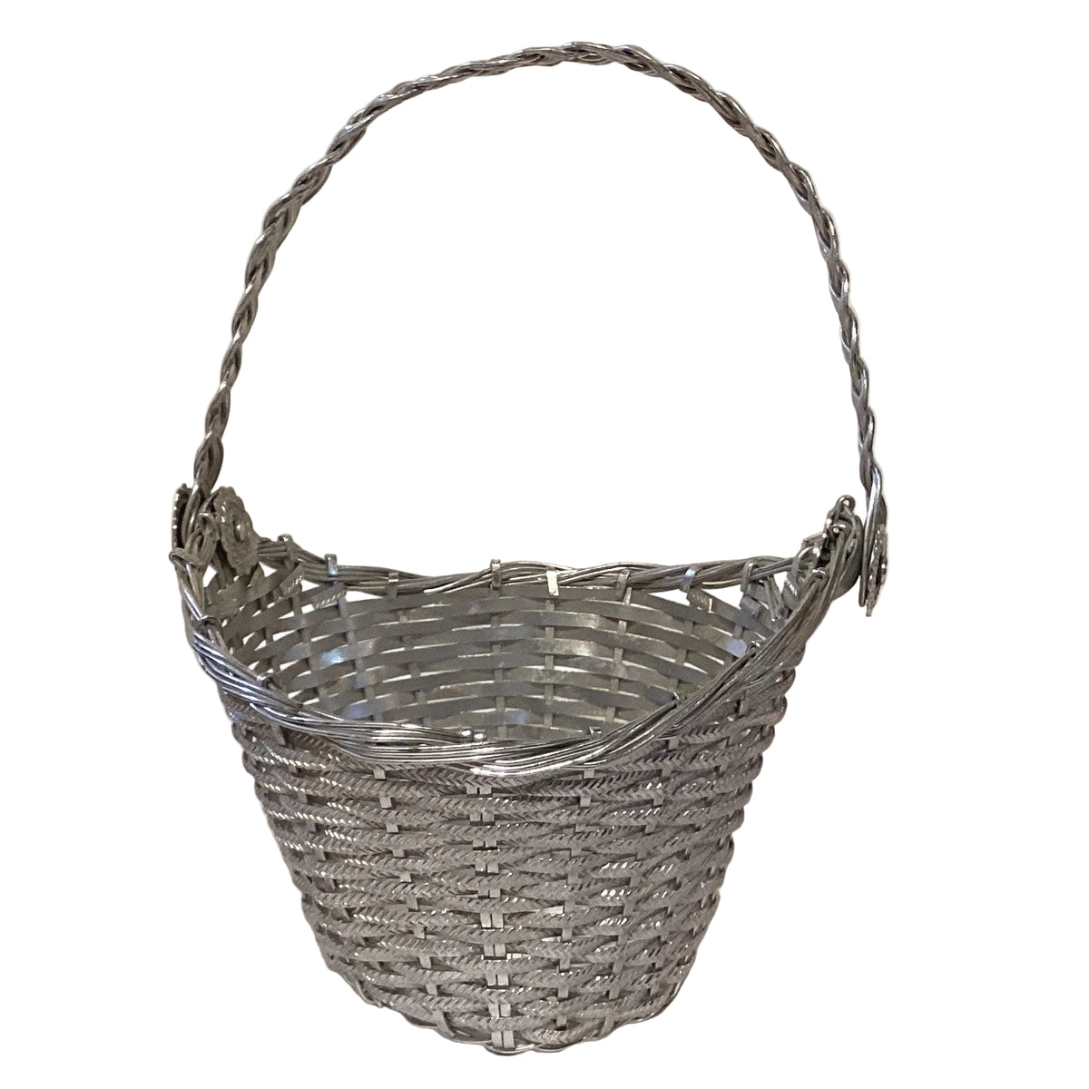 Silver-tone metal decorative basket, 6-inch size, ideal for home and garden decor, featuring intricate design details.