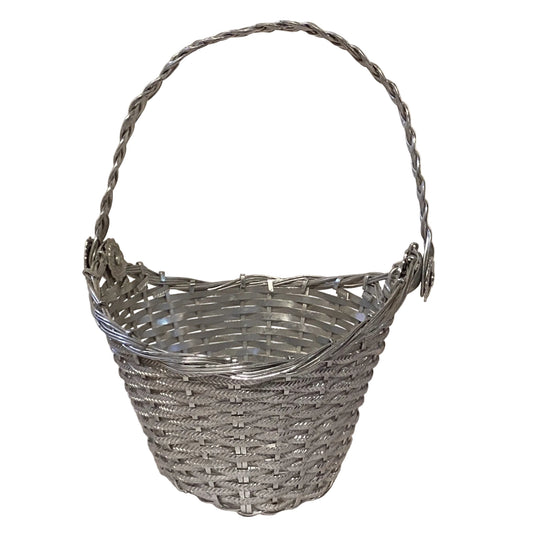 Silver-tone metal decorative basket, 6-inch size, ideal for home and garden decor, featuring intricate design details.