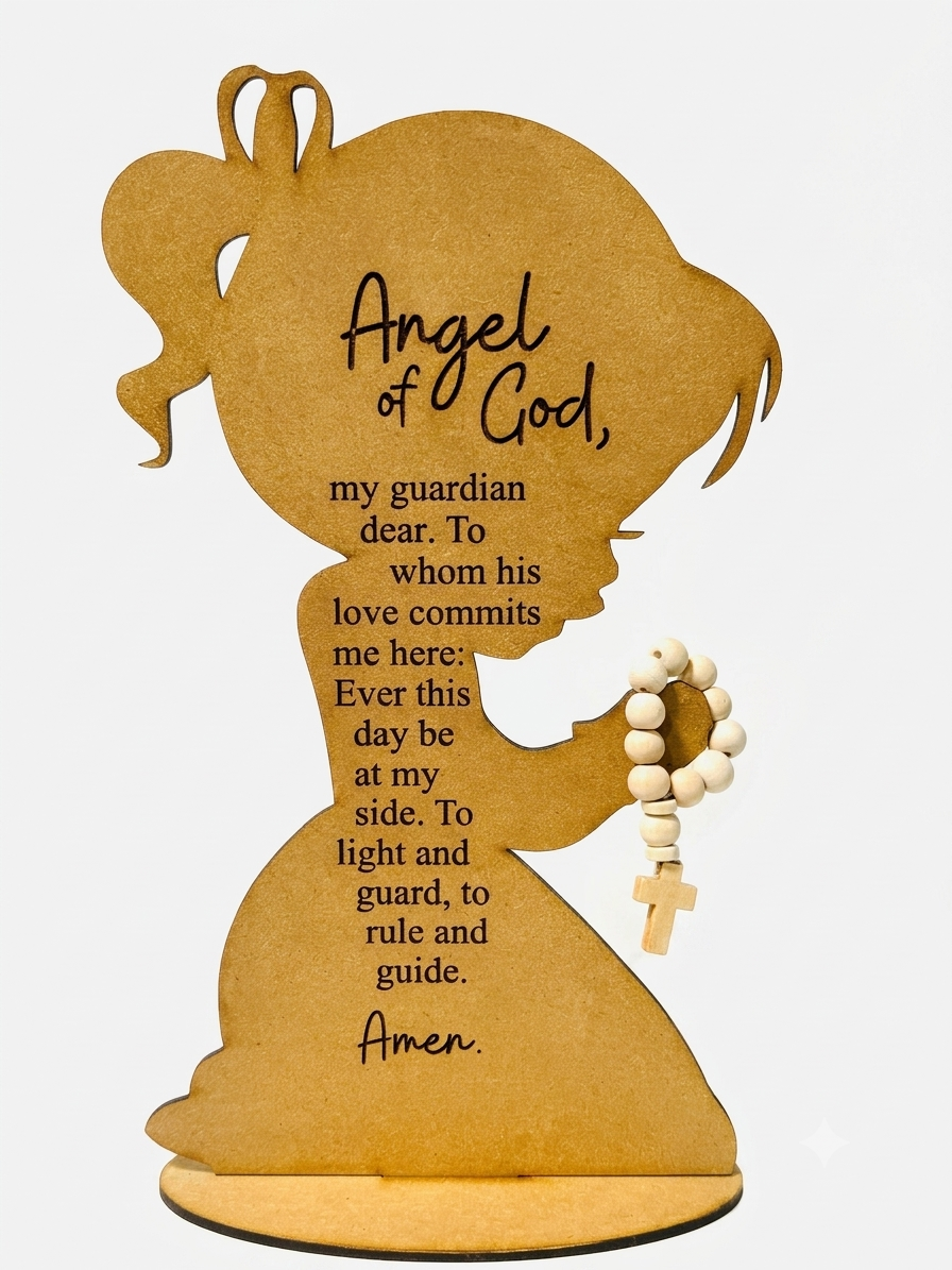 Handcrafted Angel of God wood art depicting a praying child, 6x10 inches, Catholic Christian spiritual display by Norma Cordova De Schaefer.
