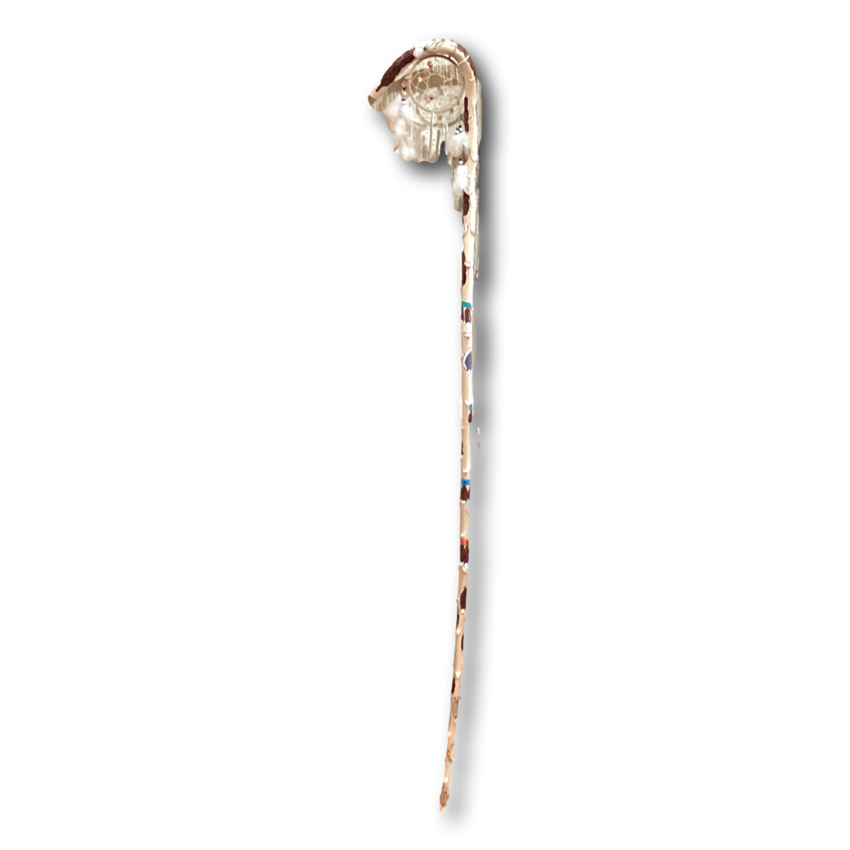 Hand-painted Willow Spirit Dreamcatcher walking stick by Ysleta Mission Gift Shop, 4.5 ft tall with intricate designs and colorful accents.