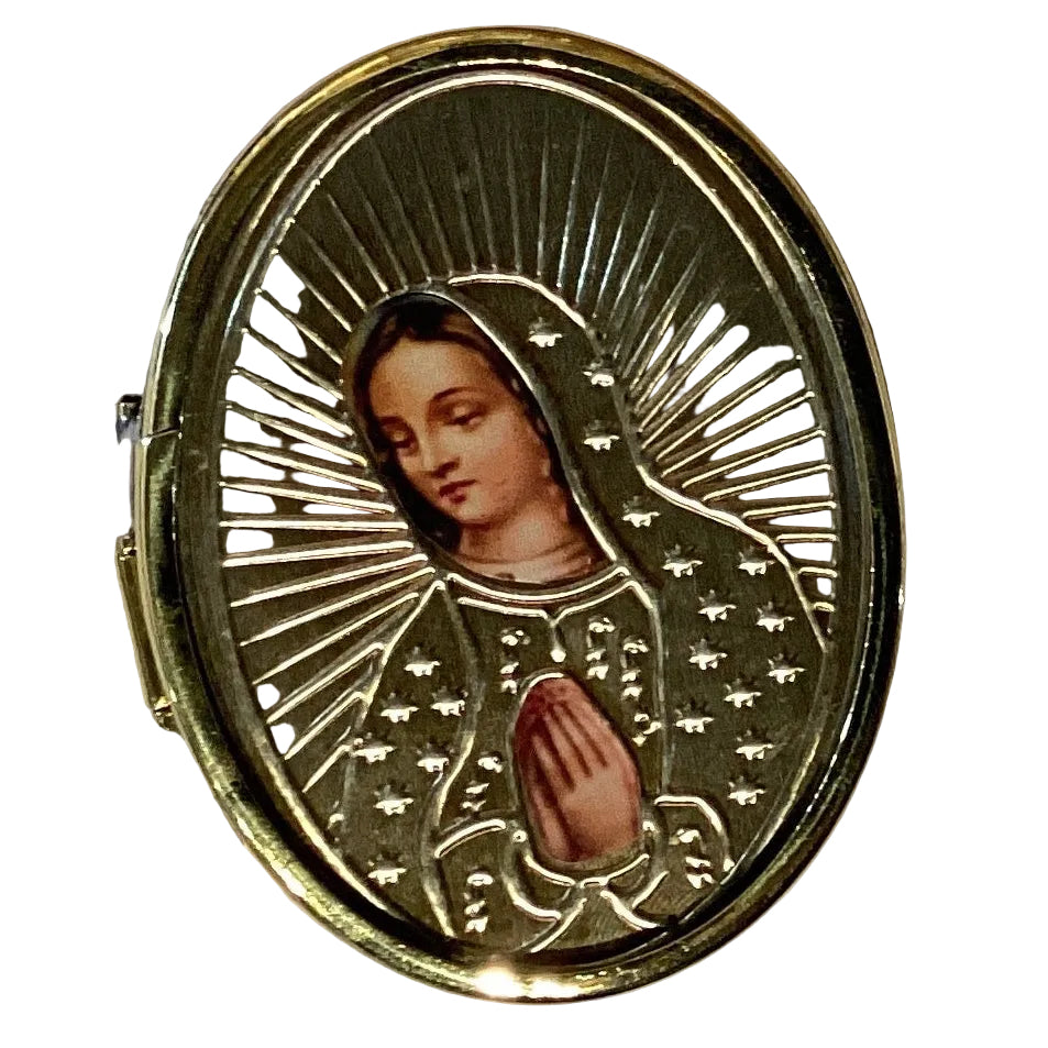 Virgin de Guadalupe 3-inch gold compact mirror with detailed religious image, ideal for accessories and religious keepsakes.