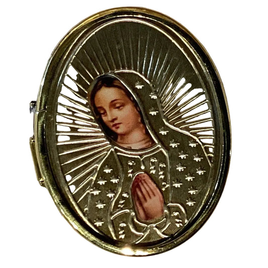 Virgin de Guadalupe 3-inch gold compact mirror with detailed religious image, ideal for accessories and religious keepsakes.