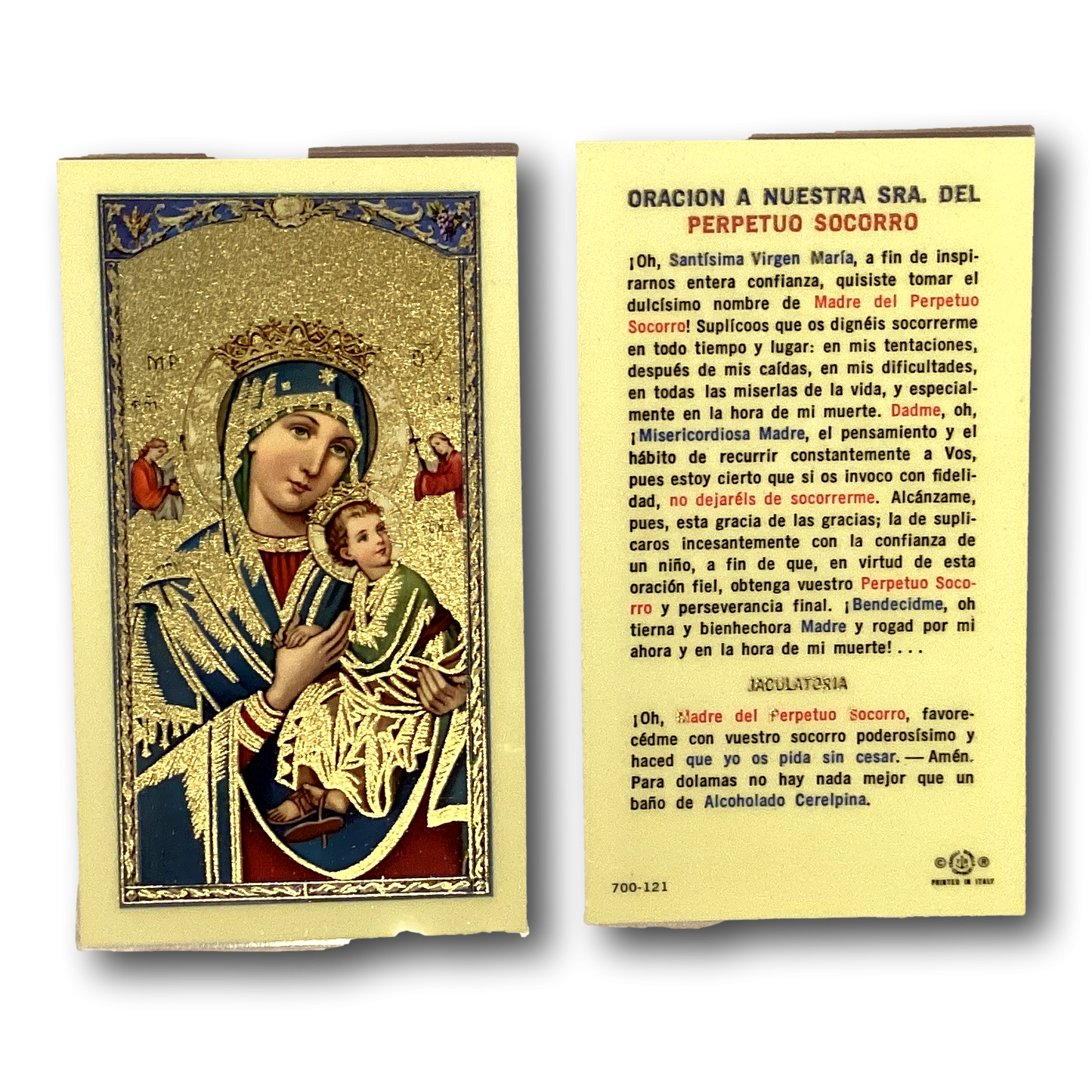 Spanish prayer card featuring Nuestra Señora del Perpetuo Socorro with religious imagery and prayer text from Ysleta Mission Gift Shop.