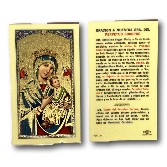 Spanish prayer card featuring Nuestra Señora del Perpetuo Socorro with religious imagery and prayer text from Ysleta Mission Gift Shop.