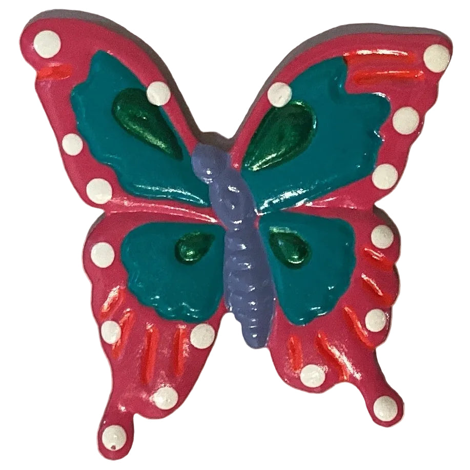 Colorful butterfly 3-inch tin magnet from Ysleta Mission Gift Shop, perfect for refrigerator decoration.