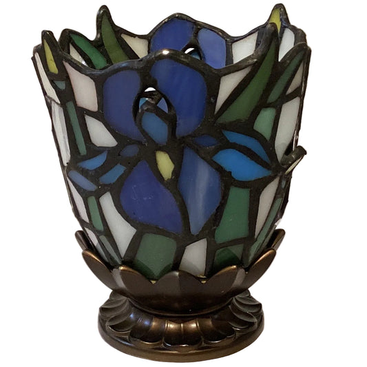 Stained glass tea light candle holder, 4 inches, with colorful geometric patterns, perfect for home decor and ambiance.
