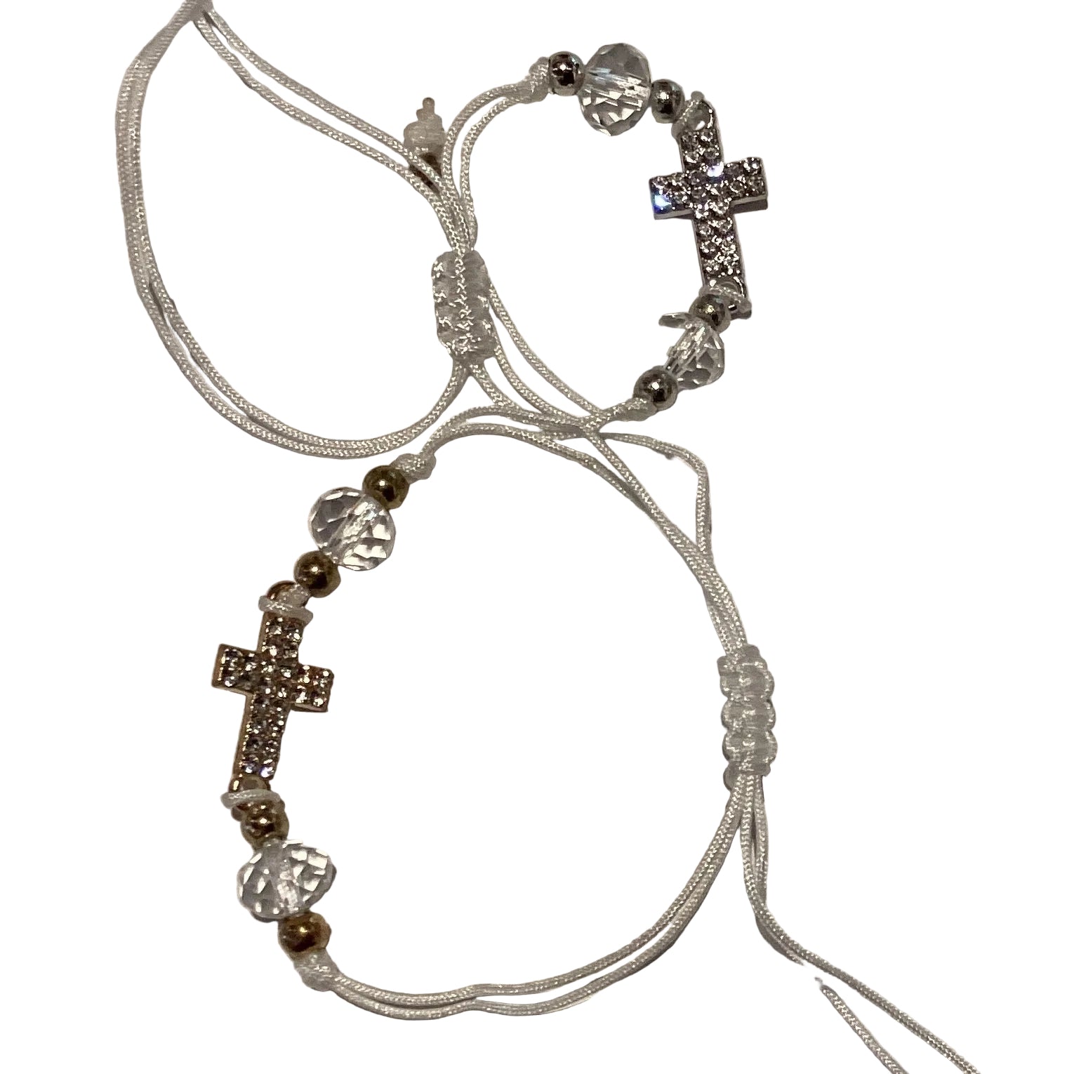 White thread Catholic bracelet with cross charm, Christian jewelry gift featuring religious symbolism and handcrafted design.