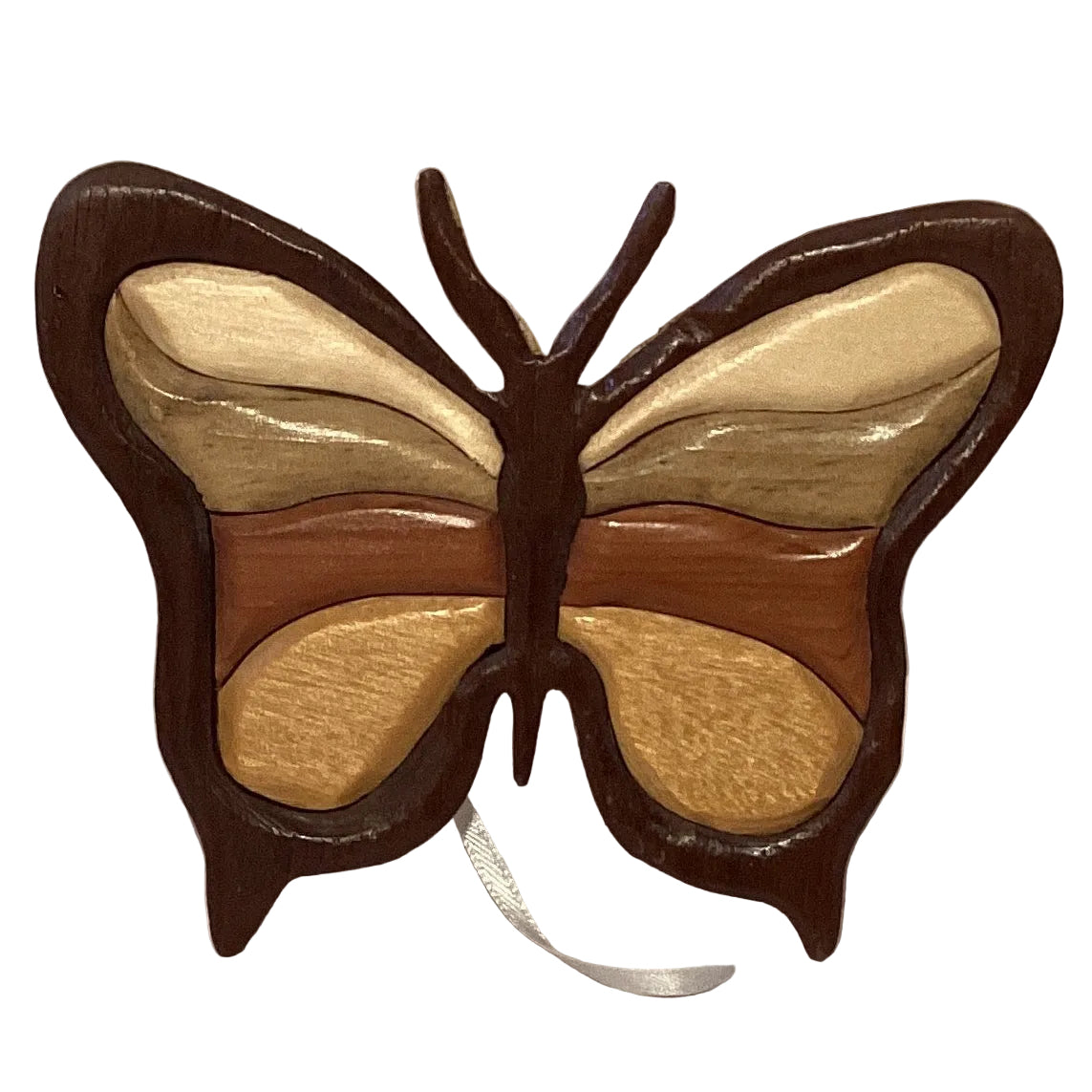 Hand-carved wooden butterfly wall decor by Ysleta Mission Gift Shop, featuring detailed craftsmanship and natural wood finish.