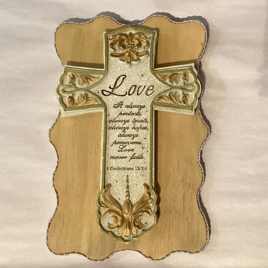 Wood wall decor plaque with 1 Corinthians 13:7–8 scripture verse, Christian cross design, 7x4 inches, Catholic gift.