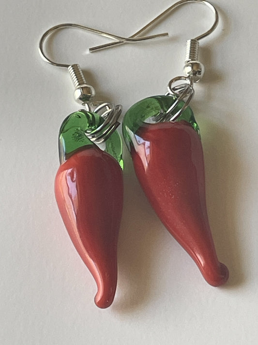 Red pulled glass chunky bead dangle earrings with silver hooks by Sylvia Leroux, 1-inch length, jewelry and accessories.