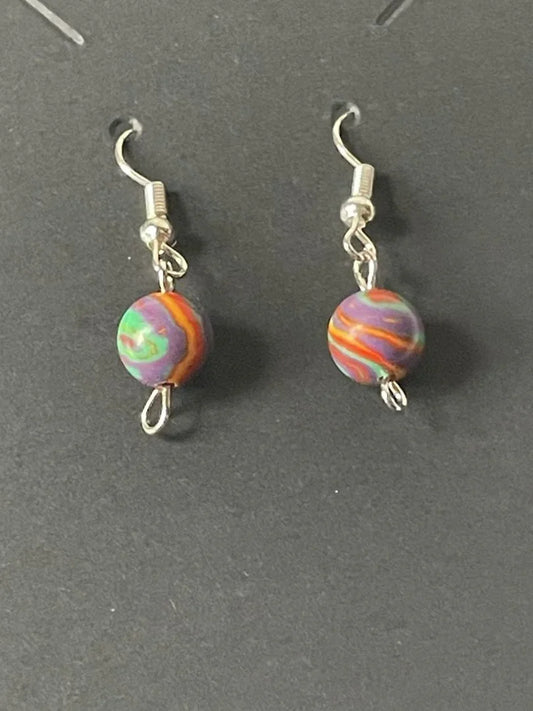 Rainbow Calsilica bead dangle earrings with silver hooks by Sylvia Leroux, 1-inch length, vibrant multicolor stone jewelry accessory.