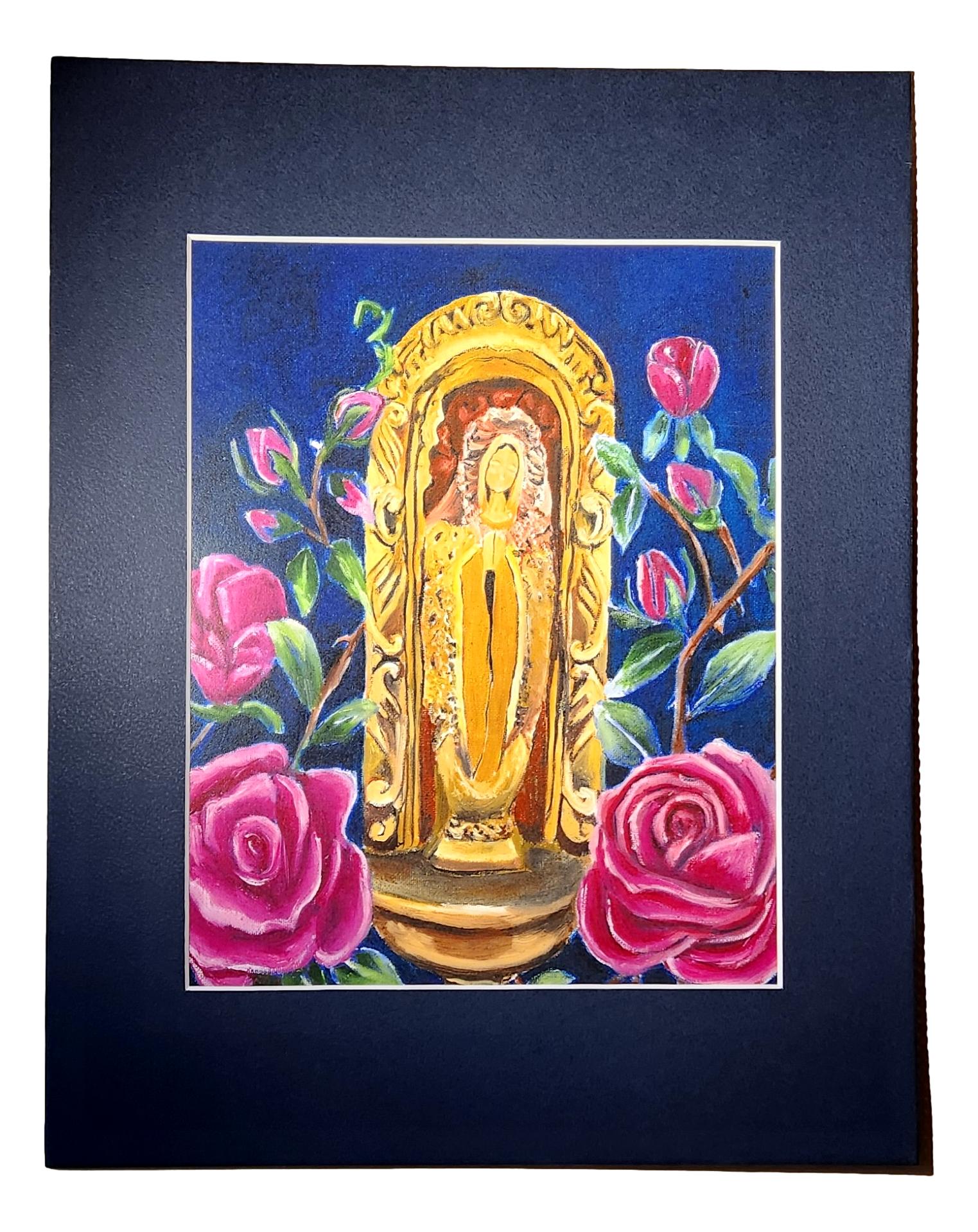 "En el Jardin" Virgen de Guadalupe Oil Painting Matted – Inspired by Antique Statuette 8 X 11.5 - Ysleta Mission Gift Shop