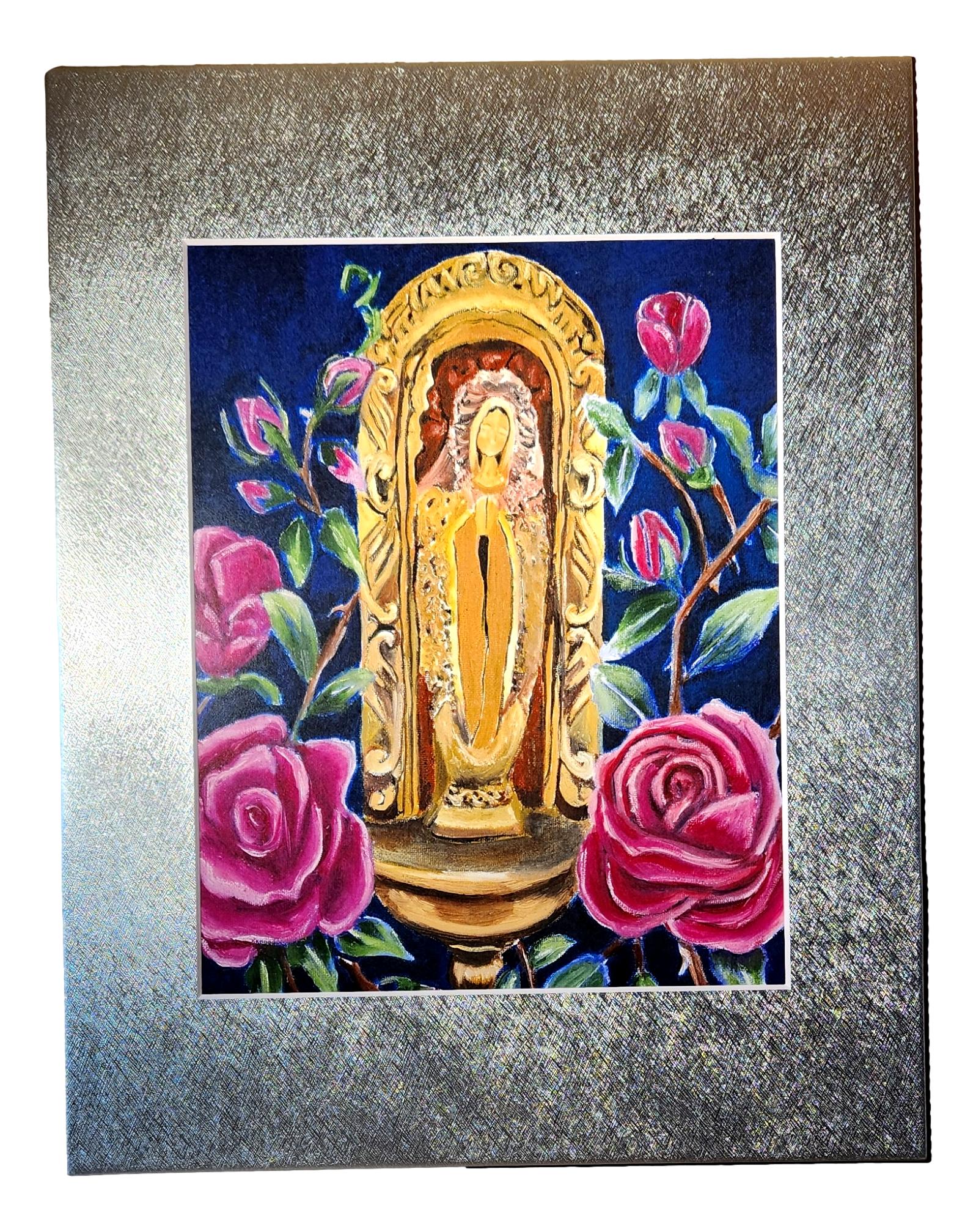 "En el Jardin" Virgen de Guadalupe Oil Painting Matted – Inspired by Antique Statuette 8 X 11.5 - Ysleta Mission Gift Shop