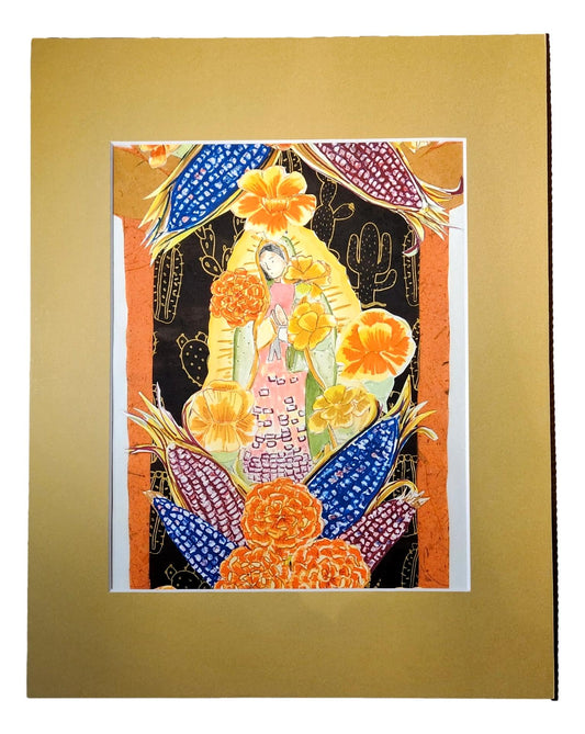 "Tonantzin" Original Art Print Matted – Virgen de Guadalupe in Watercolor and Decorative Papers 8.5 X 11 - Ysleta Mission Gift Shop