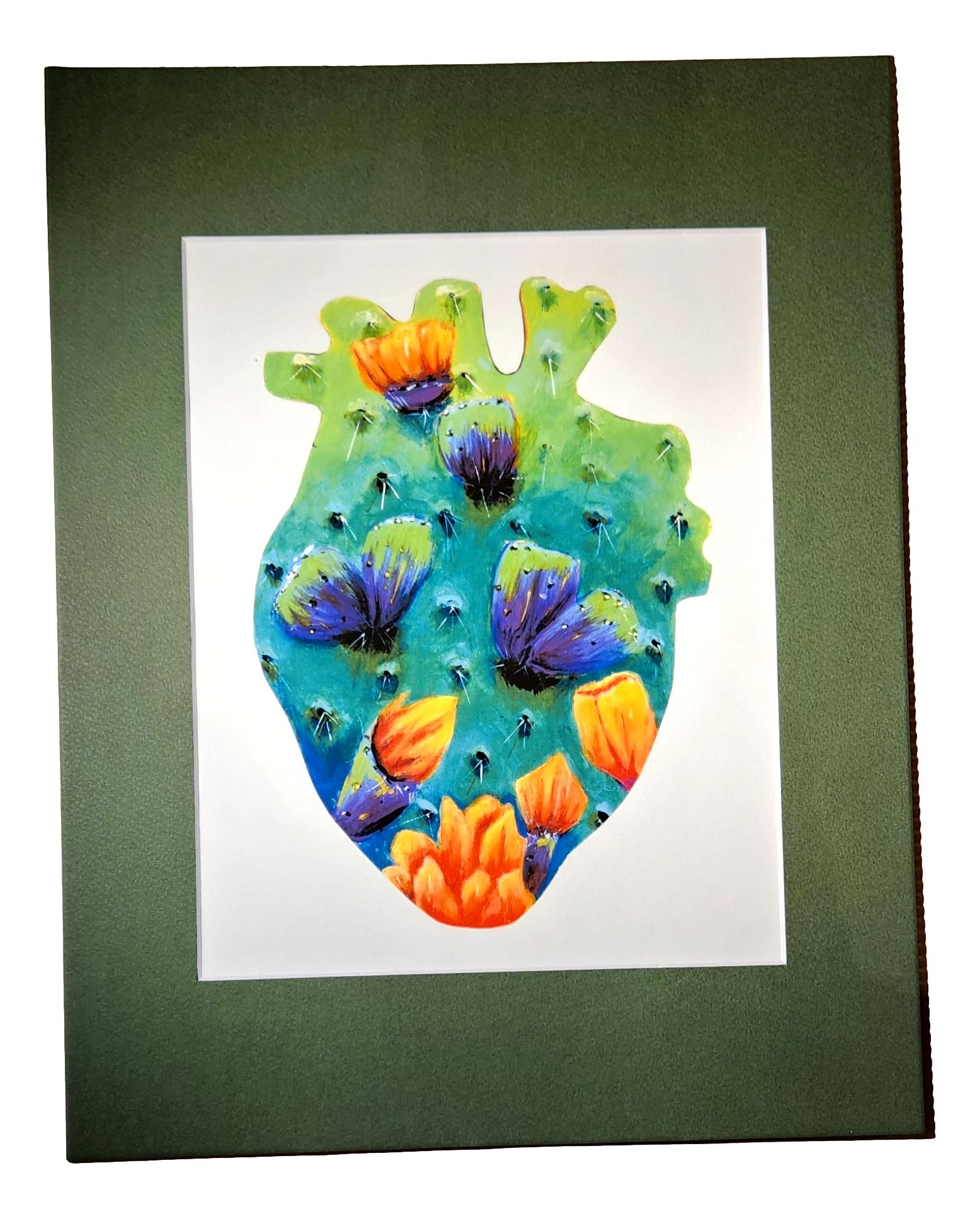 "Green Nopal Heart" Original Art Print Matted – Hand-Painted Wooden Heart and Nopal Design, 8.5 X 11 - Ysleta Mission Gift Shop