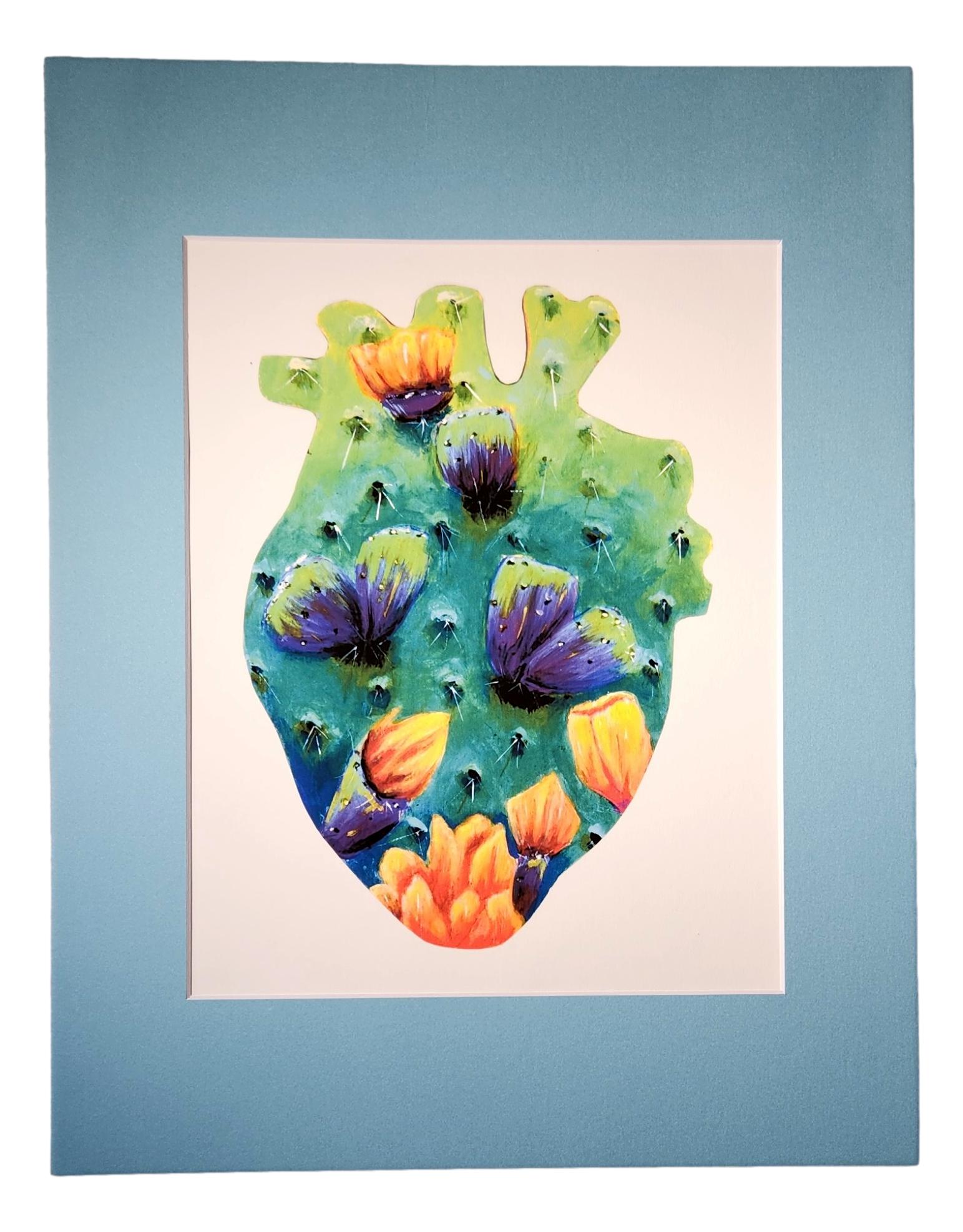 "Green Nopal Heart" Original Art Print Matted – Hand-Painted Wooden Heart and Nopal Design, 8.5 X 11 - Ysleta Mission Gift Shop