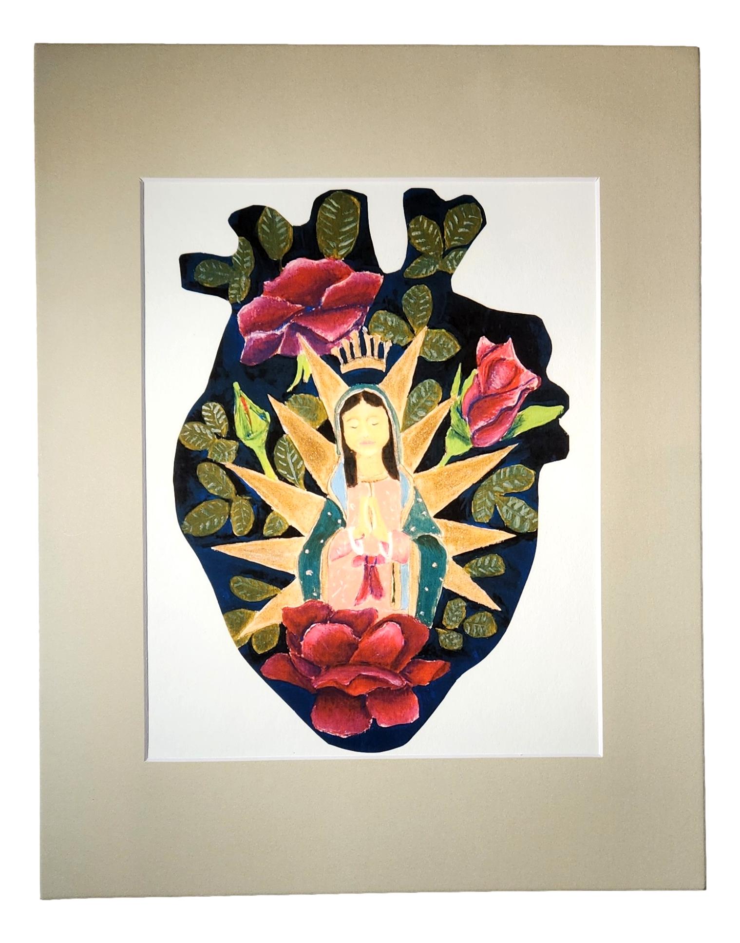 "Virgin Heart" Original Art Print Matted – 11"x8.5" Size Capturing Divine Passion and Emotions - Ysleta Mission Gift Shop