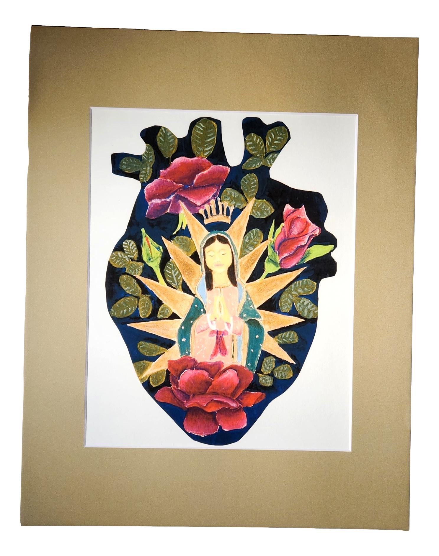 "Virgin Heart" Original Art Print Matted – 11"x8.5" Size Capturing Divine Passion and Emotions - Ysleta Mission Gift Shop