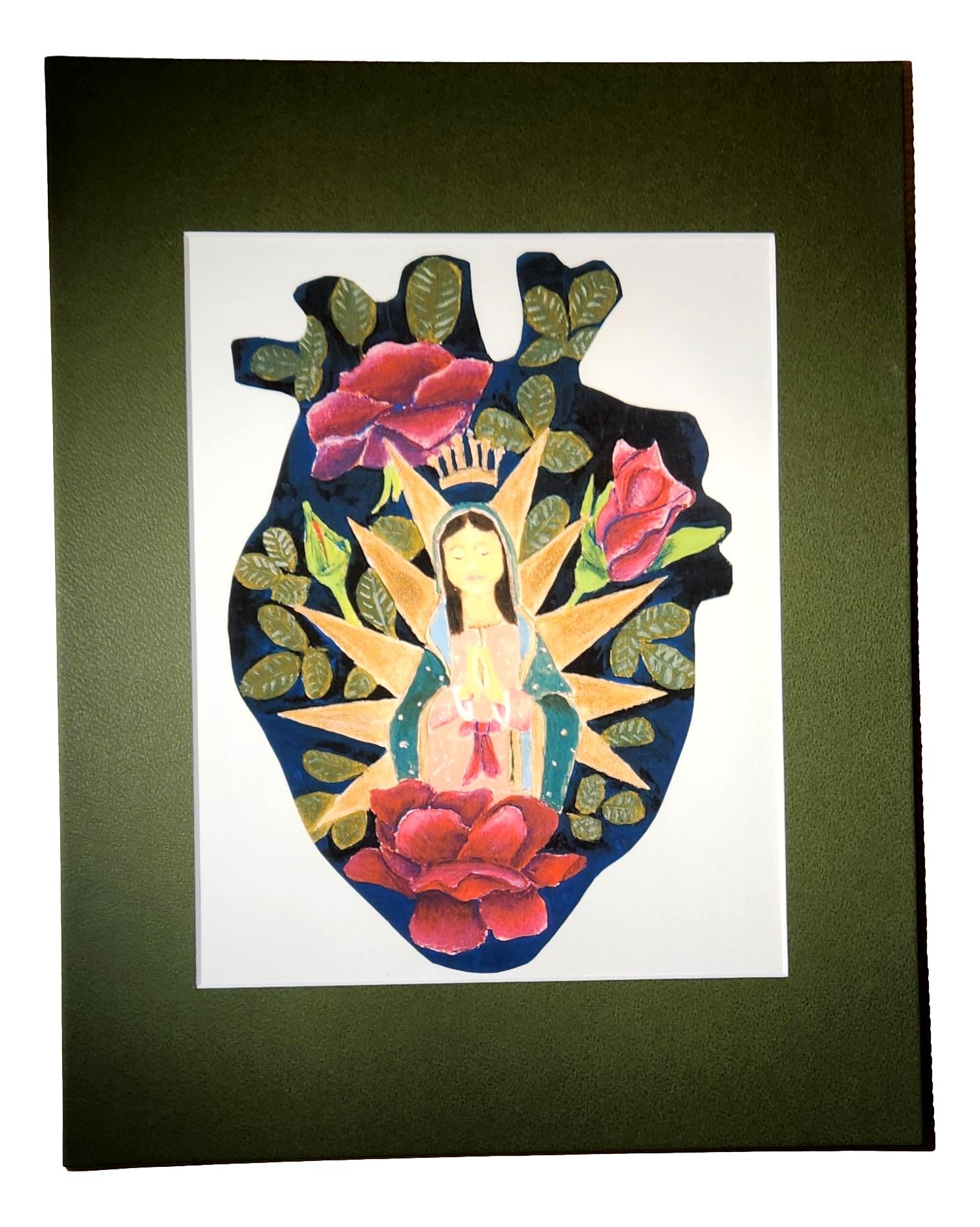 "Virgin Heart" Original Art Print Matted – 11"x8.5" Size Capturing Divine Passion and Emotions - Ysleta Mission Gift Shop