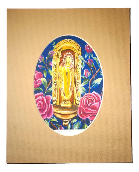 "En el Jardin" Virgen de Guadalupe Print Matted – Original Oil Painting Inspired by Antique Statue 5X7 - Ysleta Mission Gift Shop