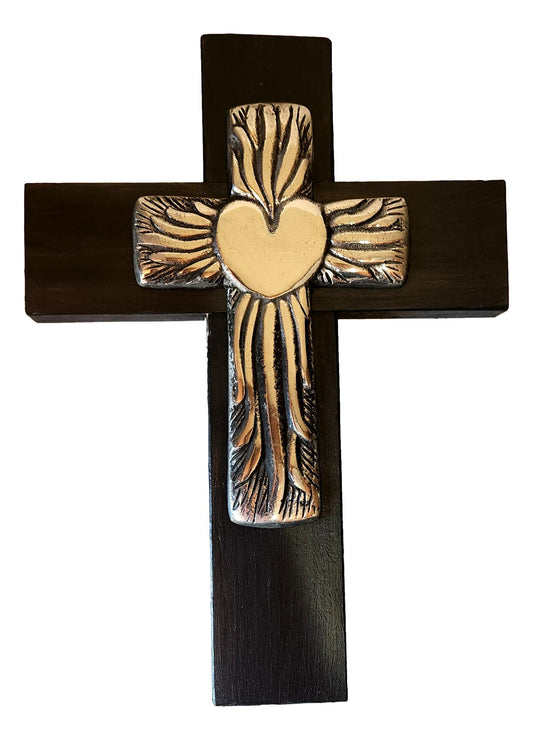 Pewter Cross on Wood – Handcrafted Religious Cross 11" x 8"