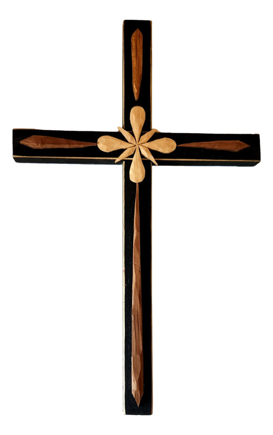 Wood Carved Cross – Handcrafted Religious Decor 9.5" x 6"