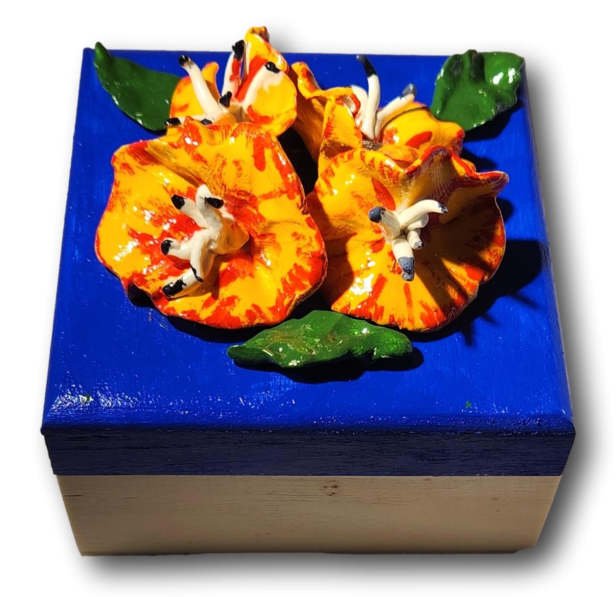 Hand-Painted Wooden Box with 3"x 3" Garden of Flowers Bas-Relief & Magnetic Closure