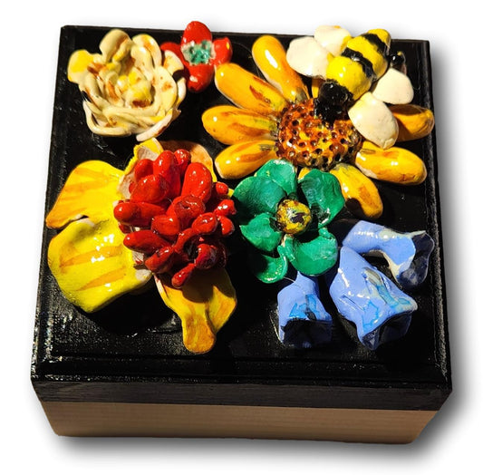 Hand-Painted Wooden Box with 3"x 3" El Paso Mexican Poppies Bas-Relief & Magnetic Closure