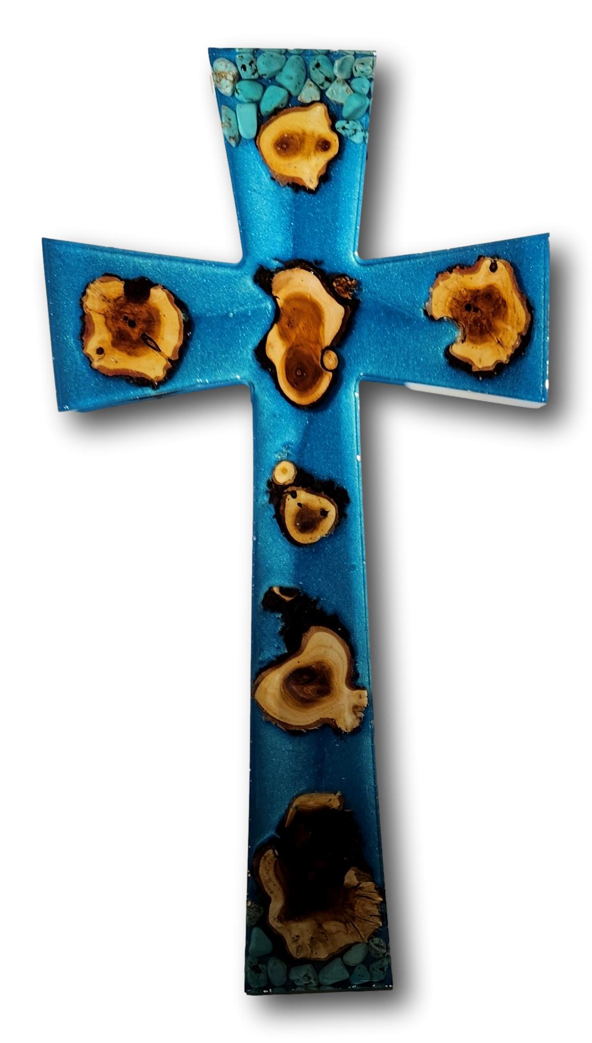 Resin cross with inlaid wood pieces and turquoise