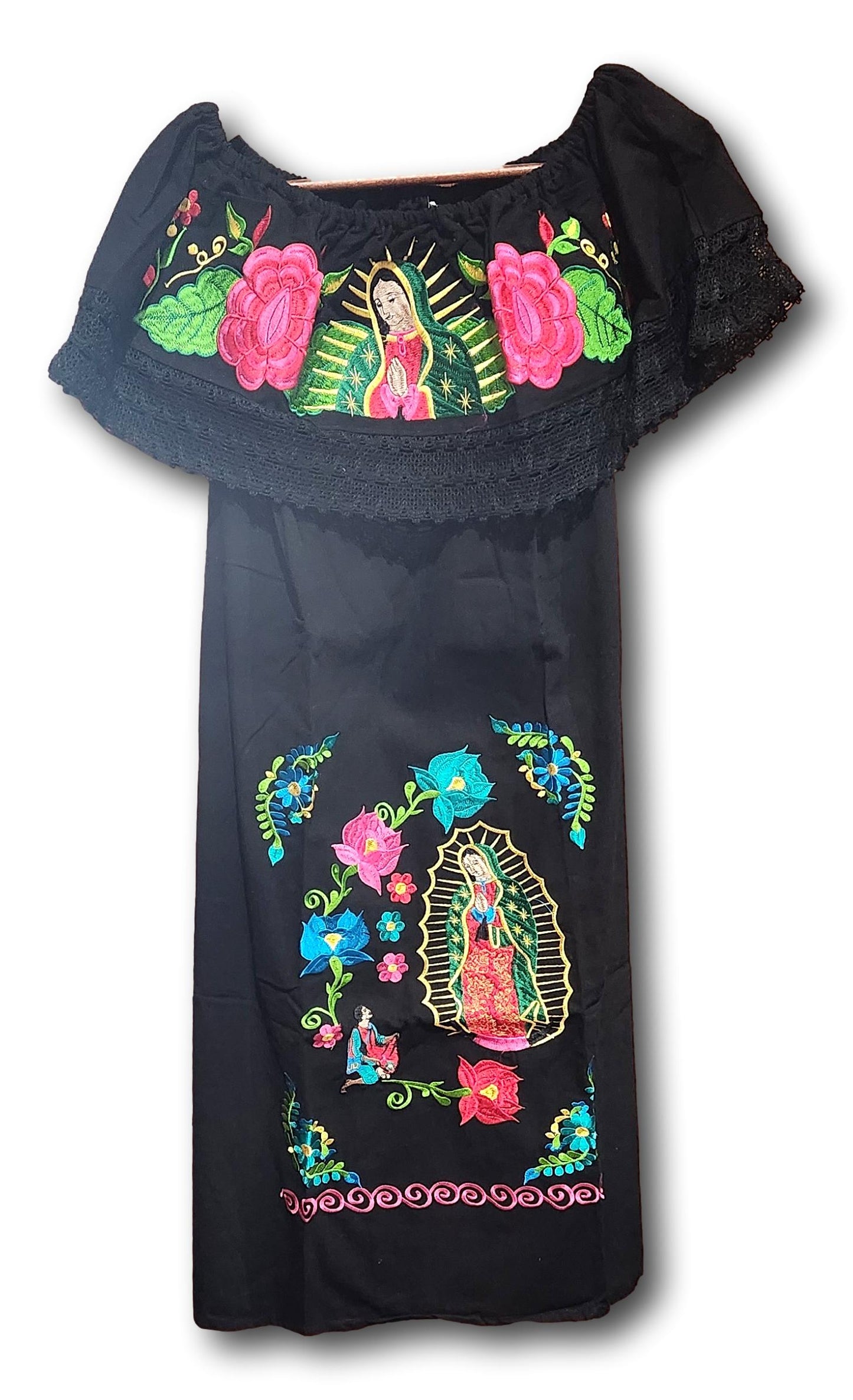 Lady of Guadalupe Embroidered Black Dress | Virgen De Guadalupe Mexican Dress | Embroidery