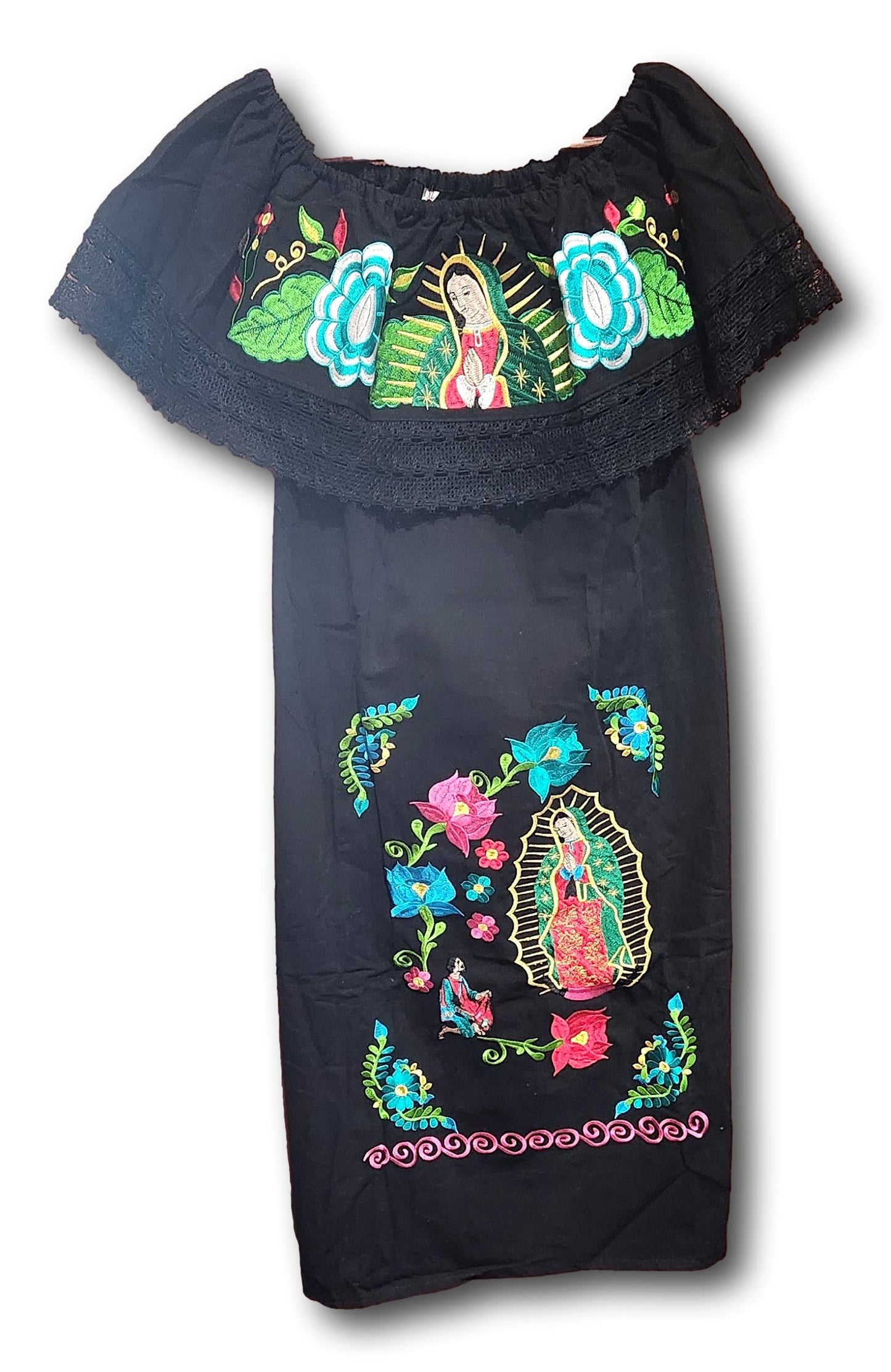 Lady of Guadalupe Embroidered Black Dress | Virgen De Guadalupe Mexican Dress | Embroidery