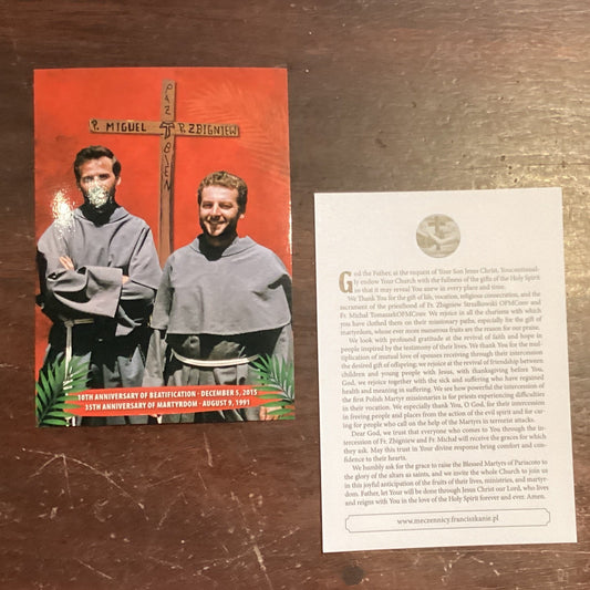 Catholic faith booklet set by Father Jarek commemorating Beatification and Martyrdom anniversaries, featuring religious cards and images.
