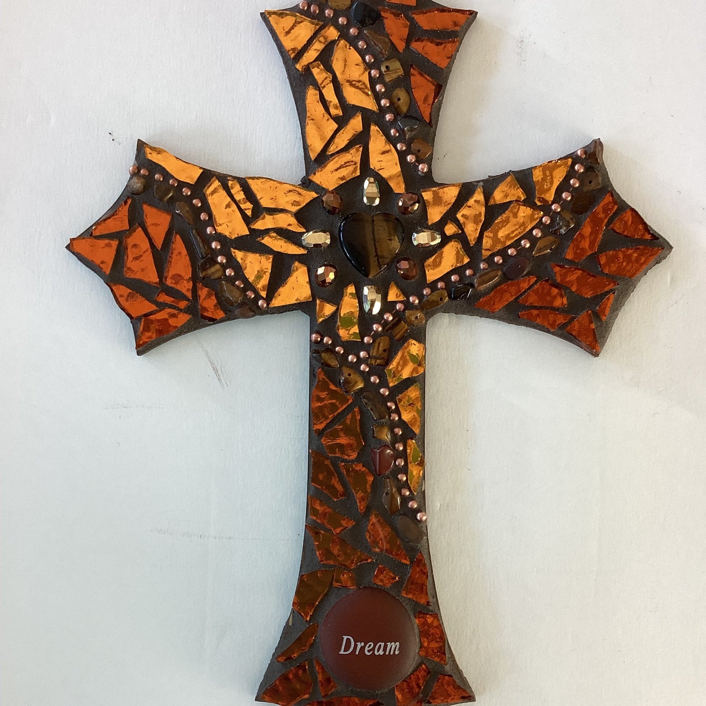 10x7 mosaic cross on wood in golds and rust “dream” - Ysleta Mission Gift Shop