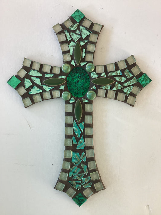 10x7 mosaic cross on wood in greens with mother of pearl center - Ysleta Mission Gift Shop