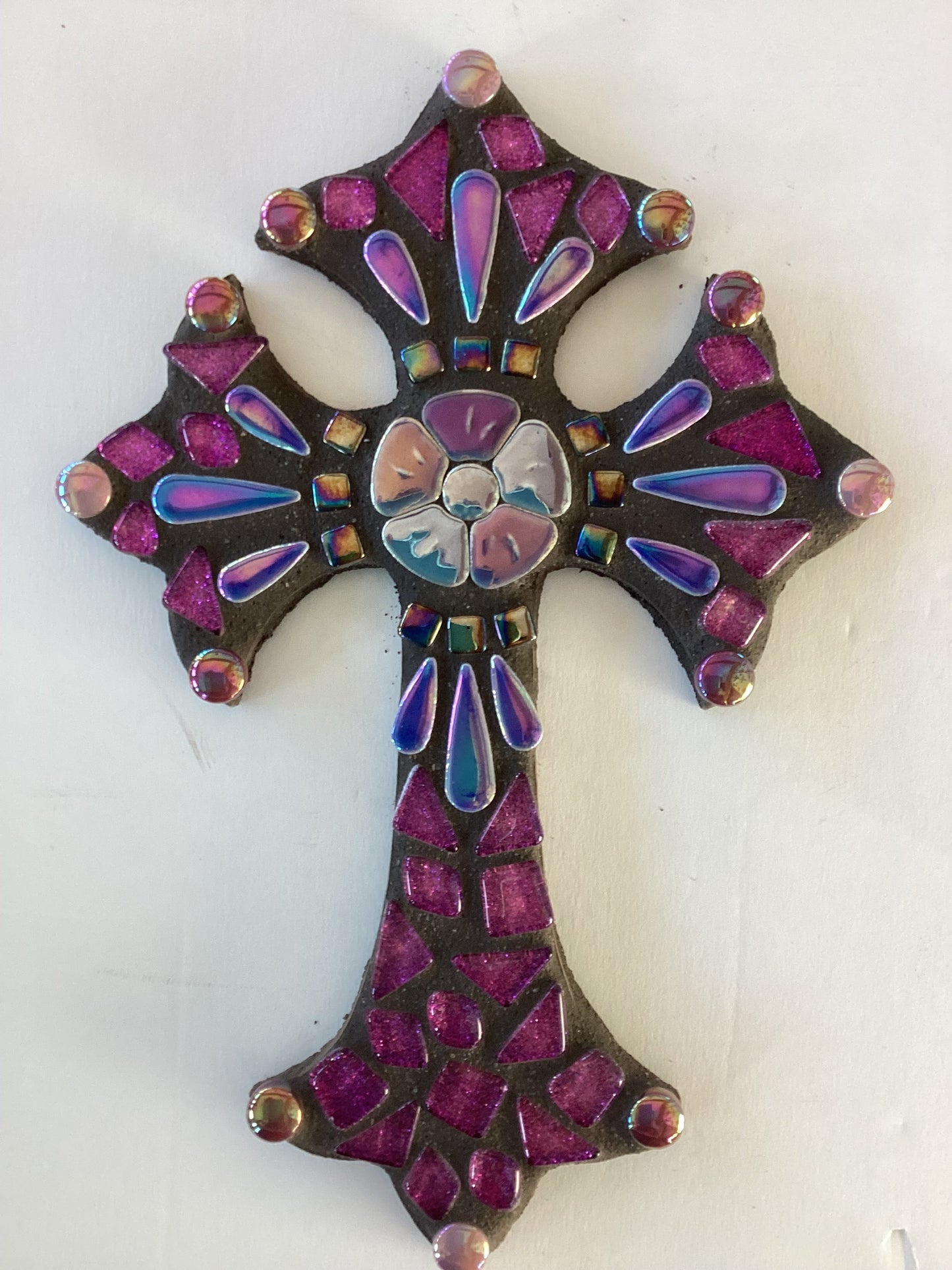 10x7 mosaic cross on wood in purple hues - Ysleta Mission Gift Shop
