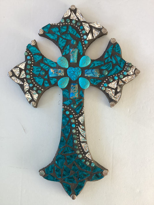 10x7 mosaic wood cross by Brigitte Rosson with turquoise and silver accents, featuring turquoise stones, in Catholic Christian gift style.