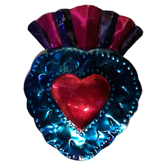 Mexican tin heart magnet from Ysleta Mission Gift Shop, 4.5 inch handmade decorative refrigerator magnet with colorful design.