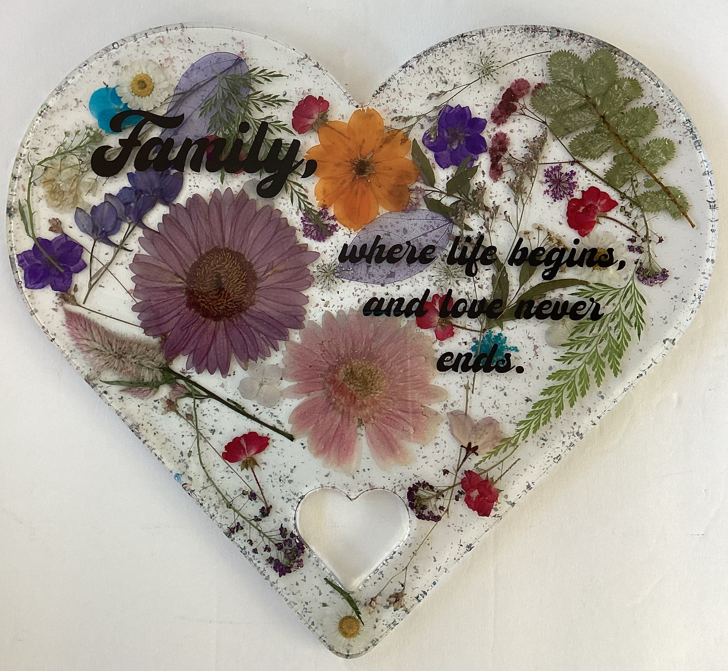 11x11resin heart inlaid with dried flowers “family” - Ysleta Mission Gift Shop
