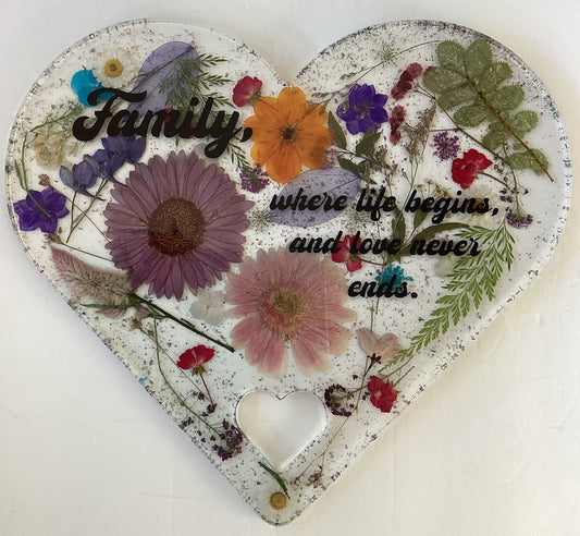 11x11resin heart inlaid with dried flowers “family” - Ysleta Mission Gift Shop