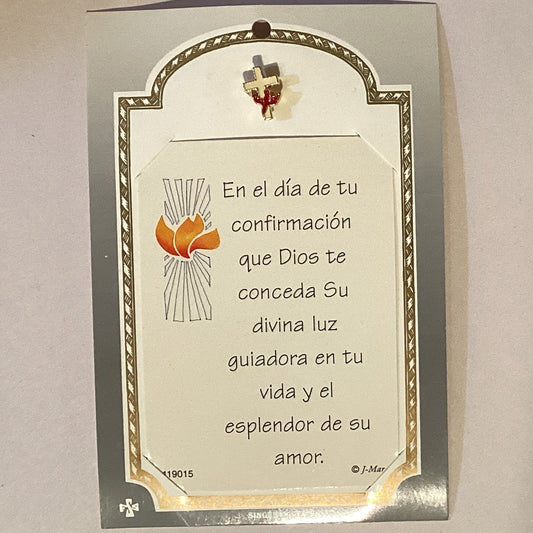 First Communion and Confirmation prayer card with Catholic lapel pin, Christian jewelry and devotional accessory, featuring religious symbols.